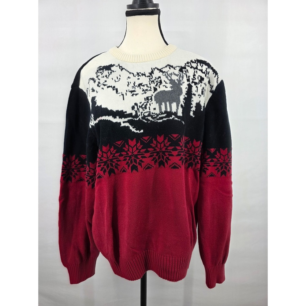 Dockers Mens Large Cotton Scenic Deer Mountain Fair Isle Knit Sweater Red Black